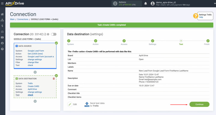 Google Lead Form and Trello integration | Return to the ApiX-Drive system and continue setting up