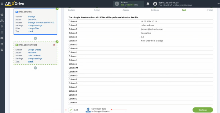 Google Sheets Elopage integration | Click on "Edit" or “Send test data to Google Sheets”