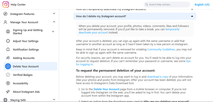 If your decision has not changed, click on "Delete Your Account"