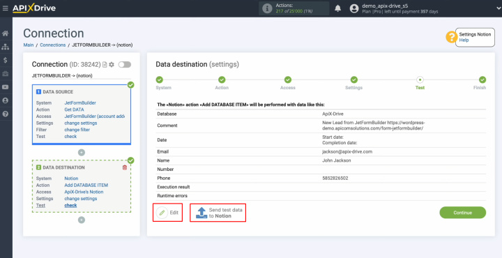 JetFormBuilder and Notion integration | Click "Send Test Data to Notion"