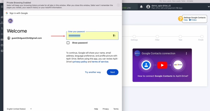 Specify the password of your Google account