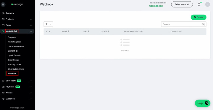 Elopage and Google Sheets integration | Go to the “Market and Sell” section and select “Webhook”