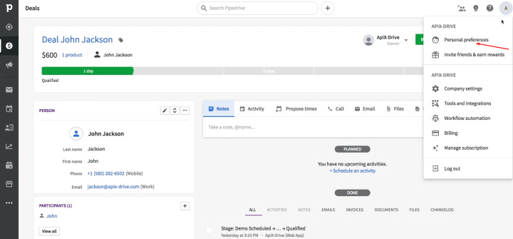 Pipedrive and Slack integration | Click on the “Personal preferences” section