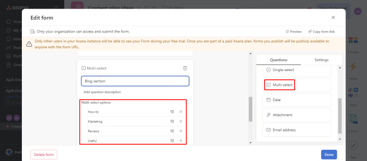 How to create forms in Asana | Add the "Blog section" field