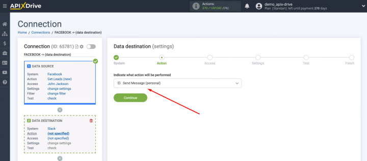 Facebook and Slack integration | Select the action&nbsp;Send Message (personal)