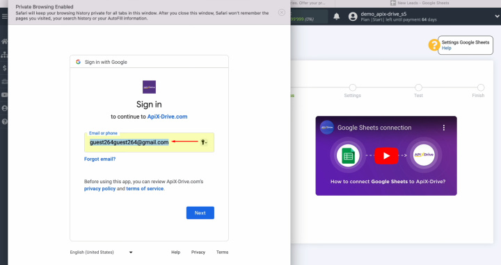 Google Sheets and Elopage integration | Specify the login for your Google Sheets personal account