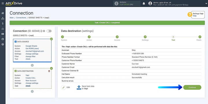 Check the test result and return to ApiX-Drive to continue the setup