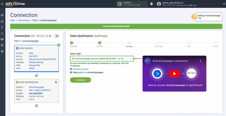 Tally and ActiveCampaign integration | Select the connected account