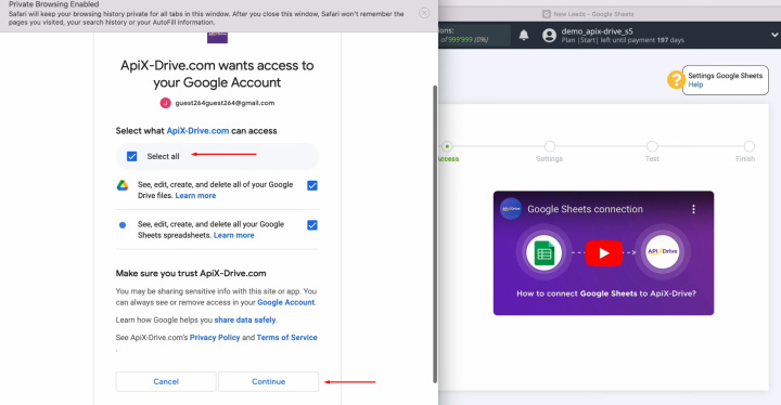 TikTok and Google Sheets integration | Check the box “Select all” 