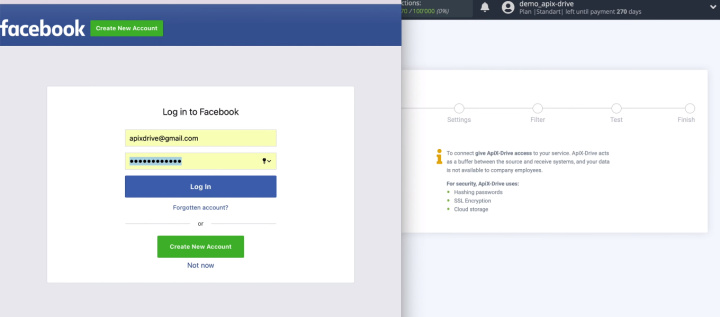 Facebook and Mailchimp integration | Enter login and password