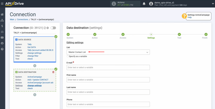 Tally and ActiveCampaign integration | Select the List in which new contacts will be added