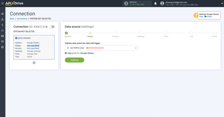 Google Sheets and Telesign integration | Select the "Get ROWS (new)" action