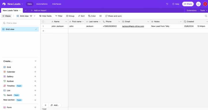 Result of the data transfer to Airtable Result of the data transfer to Airtable