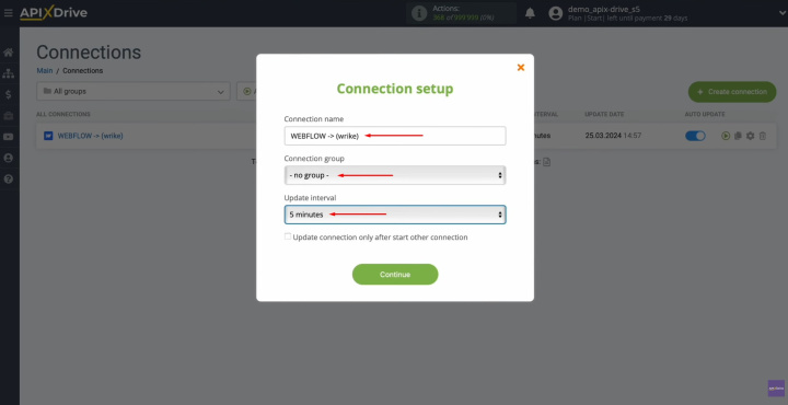 Webflow and Wrike integration | Select the interval for the operation of the connection