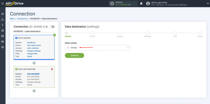 Facebook and ClickUp integration | Select ClickUp as the "Data Destination" system