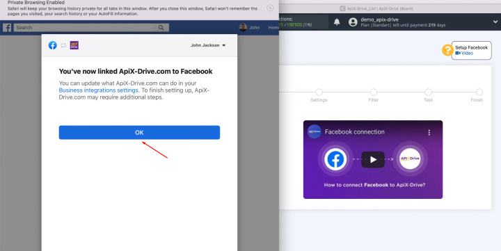 Facebook and ClickUp integration | Click “OK”