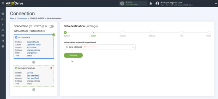 Google Sheets and Discord integration | Select the action “Send Message”