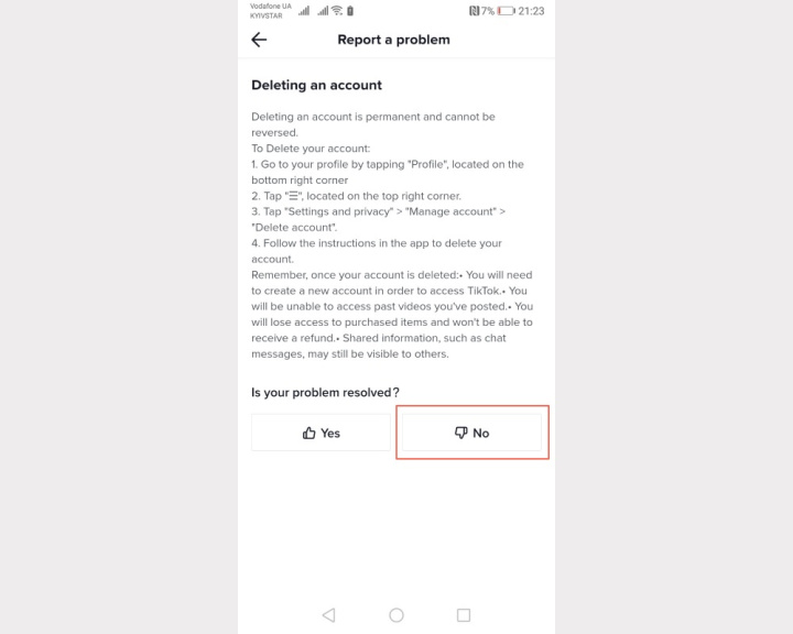 Deleting a TikTok account | Choose the answer "No"