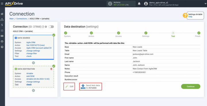 Agile CRM and Airtable integration | To check the correctness of the settings, click "Send Test Data to Airtable"