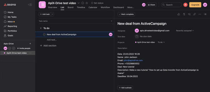 ActiveCampaign and Asana&nbsp;integration | A new task in Asana