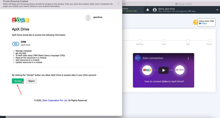 Zoho CRM and Google Contacts integration | Grant permission to ApiX-Drive