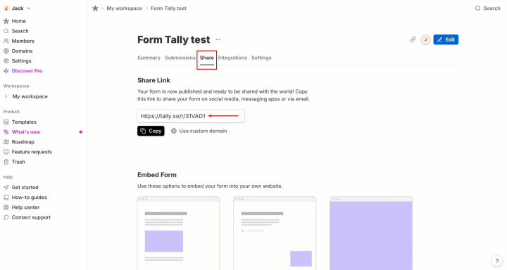 Tally and ActiveCampaign integration | Go to the Share section and copy the link