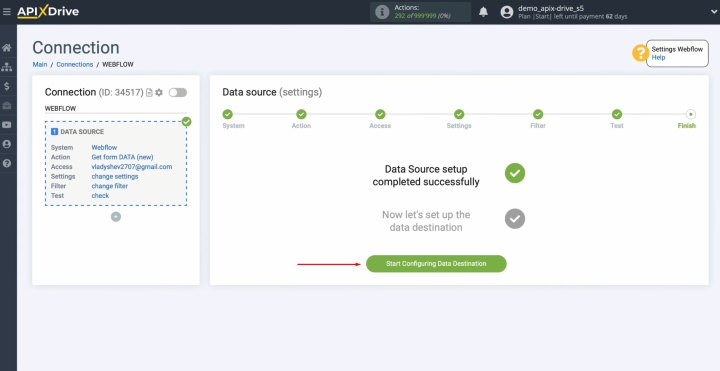 Webflow and Google Sheets integration | Begin setting up the data destination