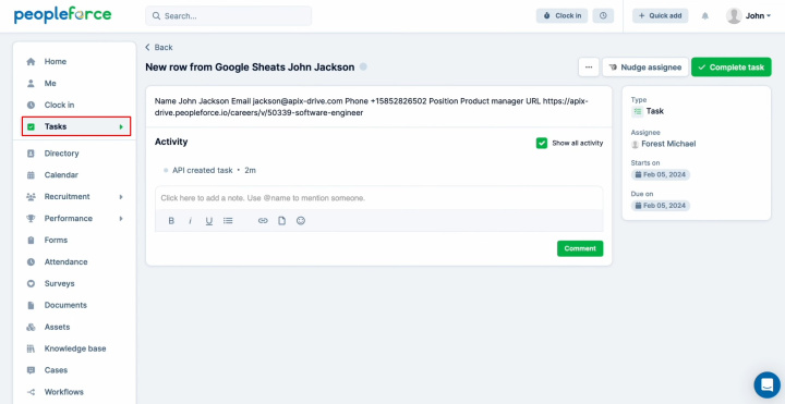 Google Sheets and PeopleForce integration | Go to the “Tasks” section and check the result