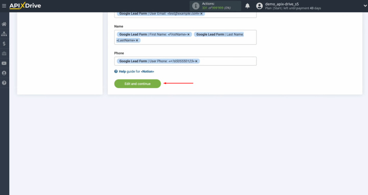 Google Ads Lead Form and Notion integration | Click "Edit and continue"