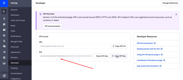 Facebook and ActiveCampaign integration | Copy the API key