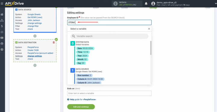 Google Sheets and PeopleForce integration | Paste the ID into the appropriate field in the ApiX-Drive system