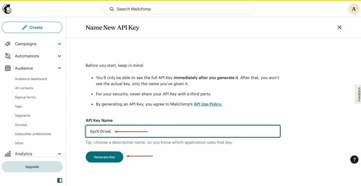 Specify a name for the new key and click Generate Key Specify a name for the new key and click Generate Key