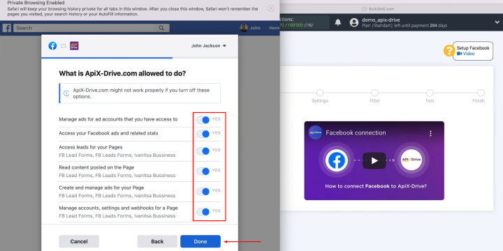 Facebook and BulkSMS integration | Ensure all checkboxes remain selected and click “Done”