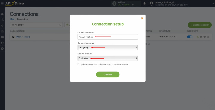 Tally and Slack integration | Select the interval for the operation of the connection