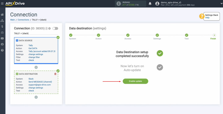 Tally and Slack integration | Click on the green button “Enable update”