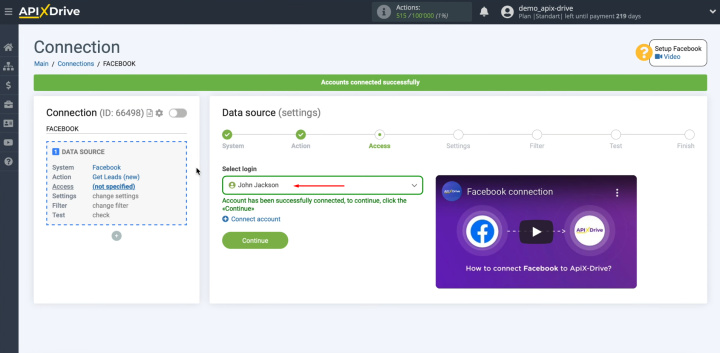 Facebook and ClickUp integration | Select the connected login