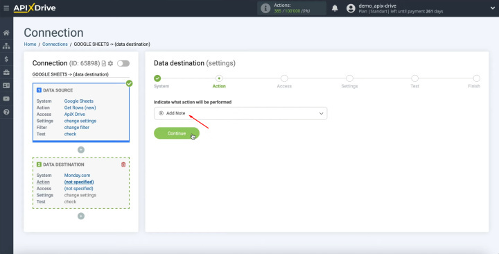 Google Sheets and Monday.com integration | Select the “Add Note”