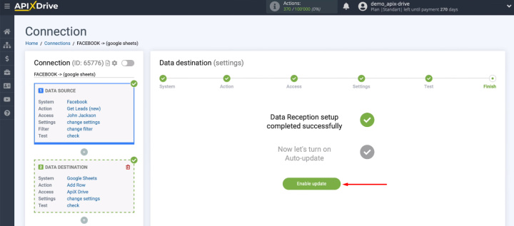 Facebook and Google Sheets integration | Turn on auto-update