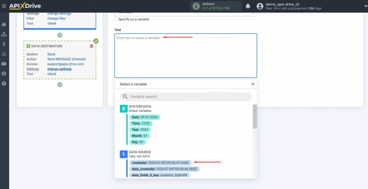 Tally and Slack integration | Click in the field and select a variable from the drop-down list