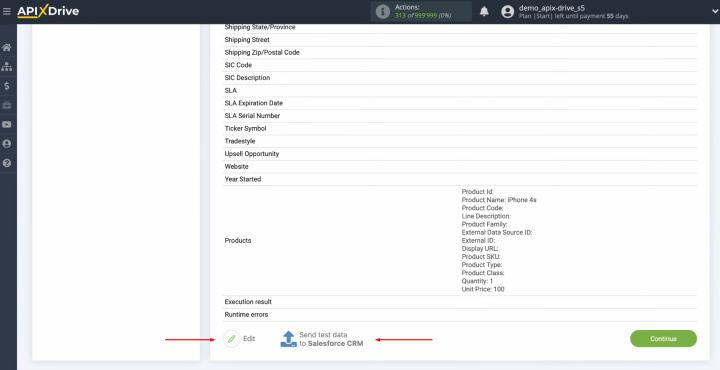 Salesforce CRM and Webflow integration | Click on "Edit" or on “Send test data to Salesforce CRM”