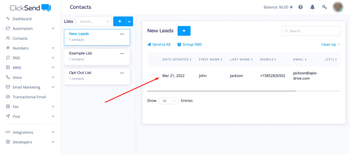 Google Sheets and ClickSend integration | Check the test contact