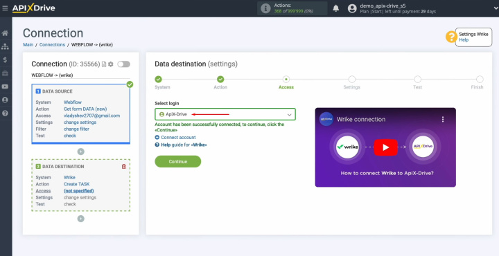 Webflow and Wrike integration | Select the connected login