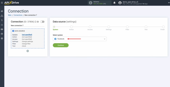 Select Facebook as the data source system Select Facebook as the data source system