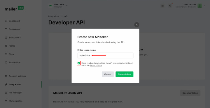 Tally and MailerLite integration | Specify a name for the new token, and place a check mark