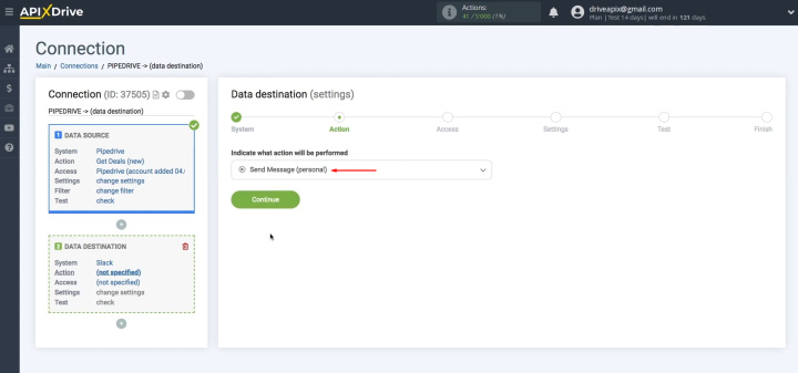 Pipedrive and Slack integration | Select the action “Send Message (personal)”