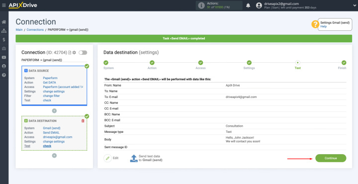 Paperform and Gmail integration | Return to the ApiX-Drive service and continue setting up