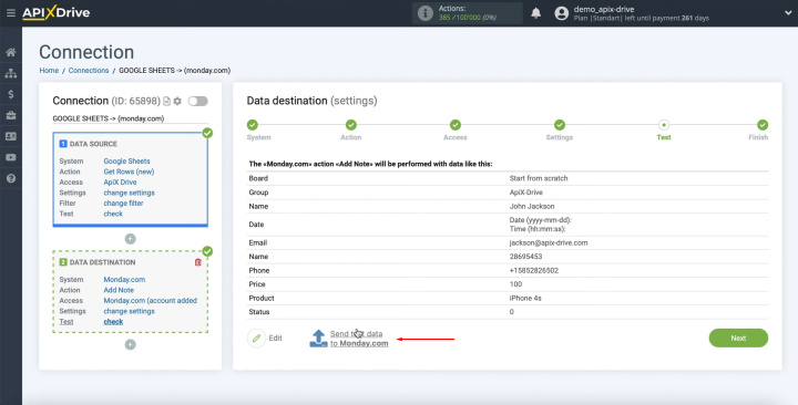 Google Sheets and Monday.com integration | Send test data to Monday.com