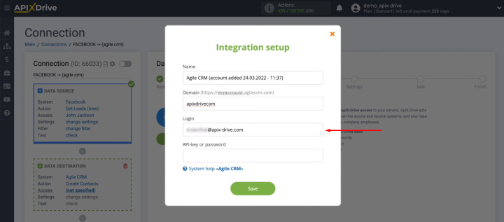 Facebook and Agile CRM integration | Specify the login