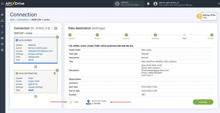 Webflow and Wrike integration | Click “Edit” or “Send test data to Wrike”