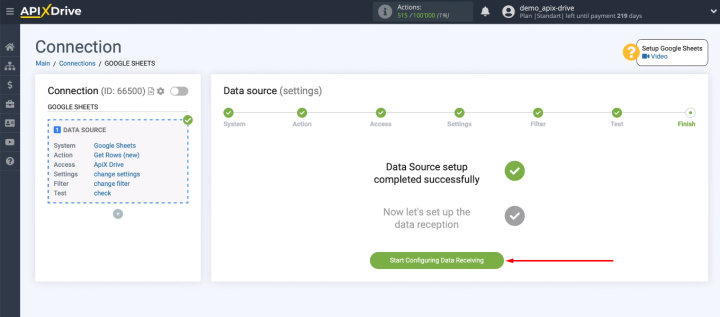 Google Sheets and ClickUp integration | The data source is configured